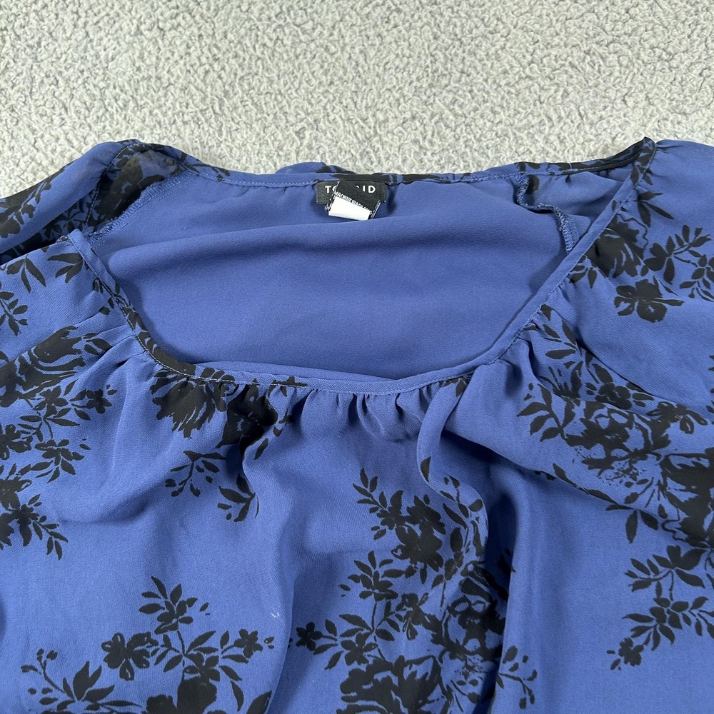 Torrid Shirt Womens 2 Blue Black Floral Sheer Long Sleeve Split Back Blouse - Picture 15 of 16